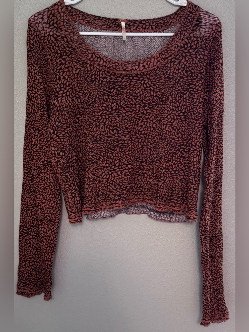 Free People Orange and Brown Long-Sleeve Scoop Neck Cropped Top
